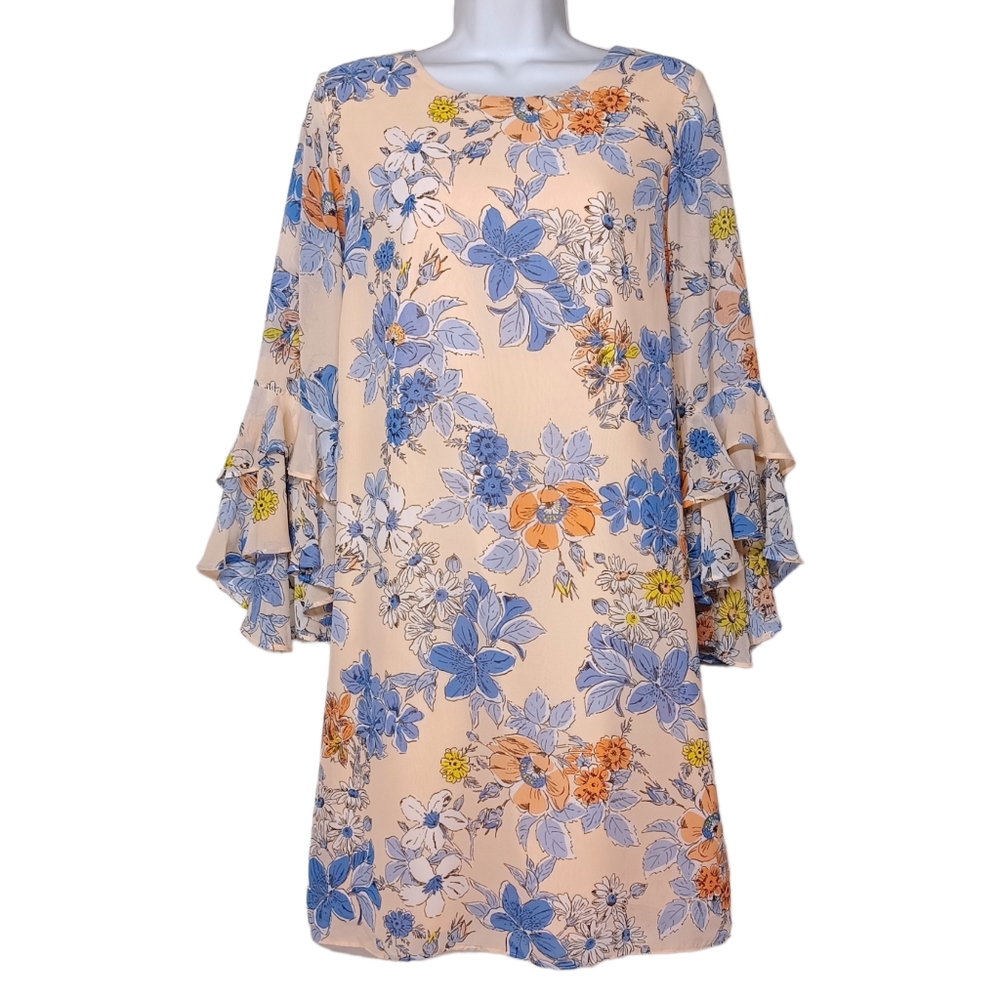 NANETTE LEPORE Blush Pink Blue Floral Print Ruffle Flare Sleeve Shift Dress 6